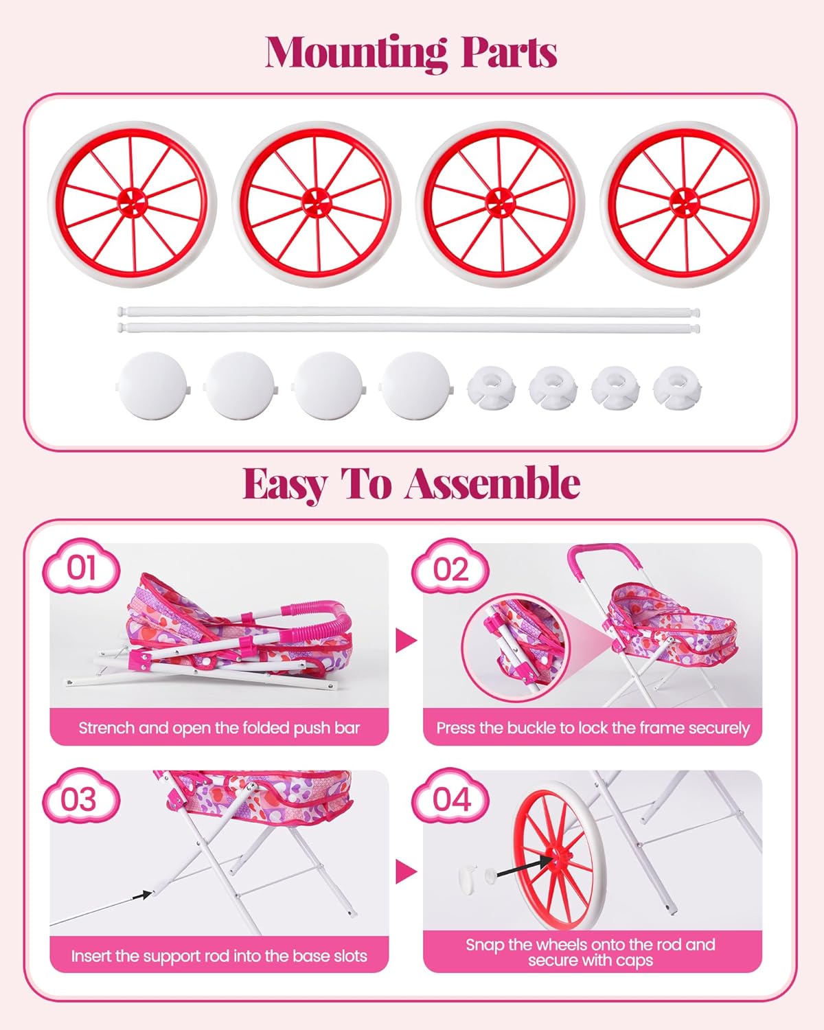 BABESIDE 10 Pcs Baby Doll Stroller Set with Feeding Doll Accessories, Baby Doll Stroller Toys for 12 Inch Dolls, Pretend Play Feeding Toy (Doll Not Included)